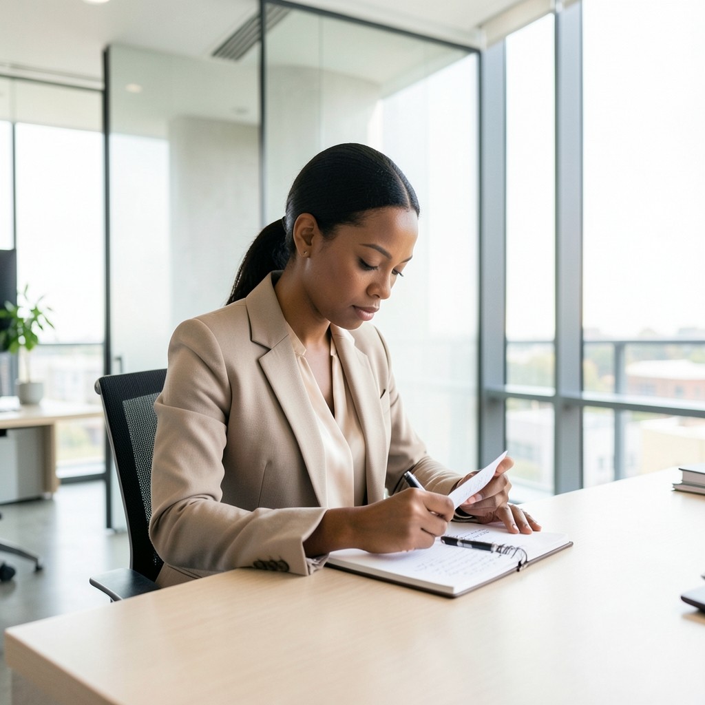 Siteridgefield team member reviewing notes at a desk near office windows