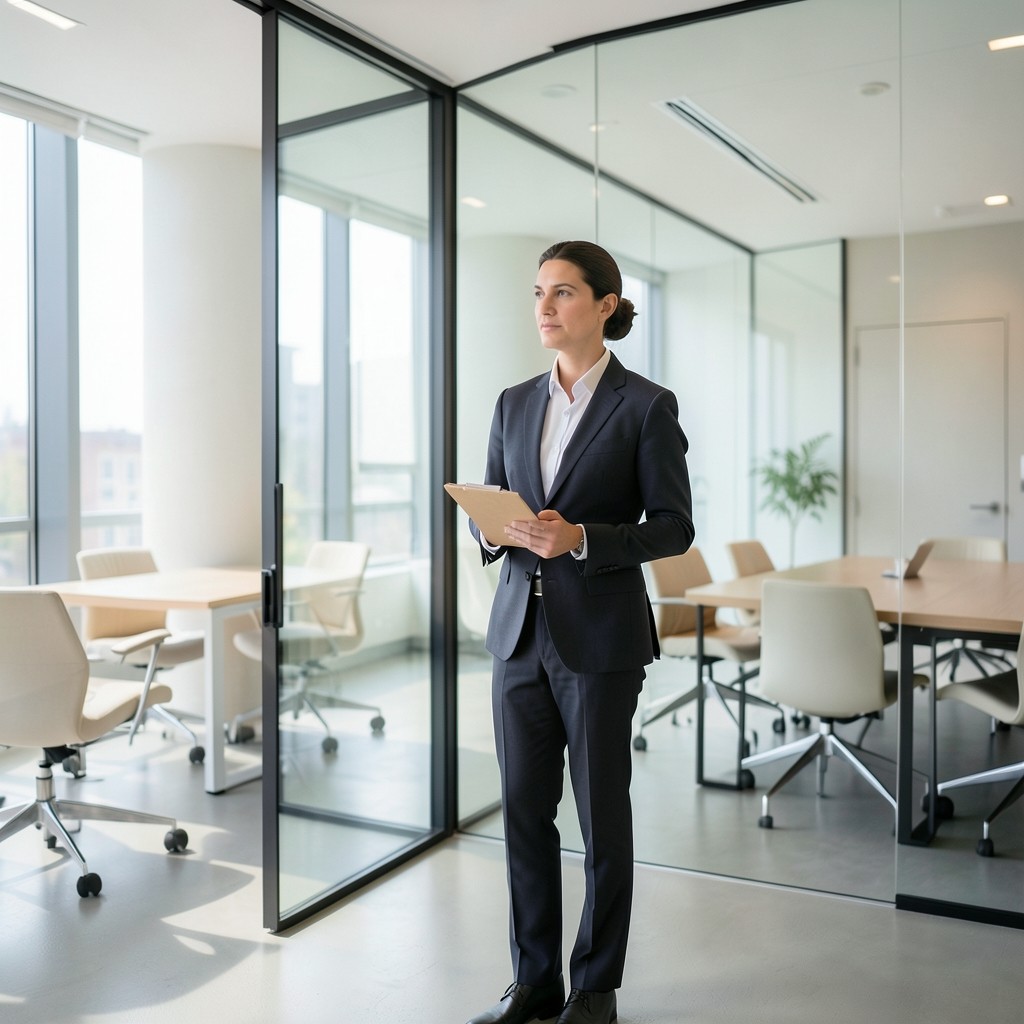 Assessor with a notebook standing near an office meeting room doorway