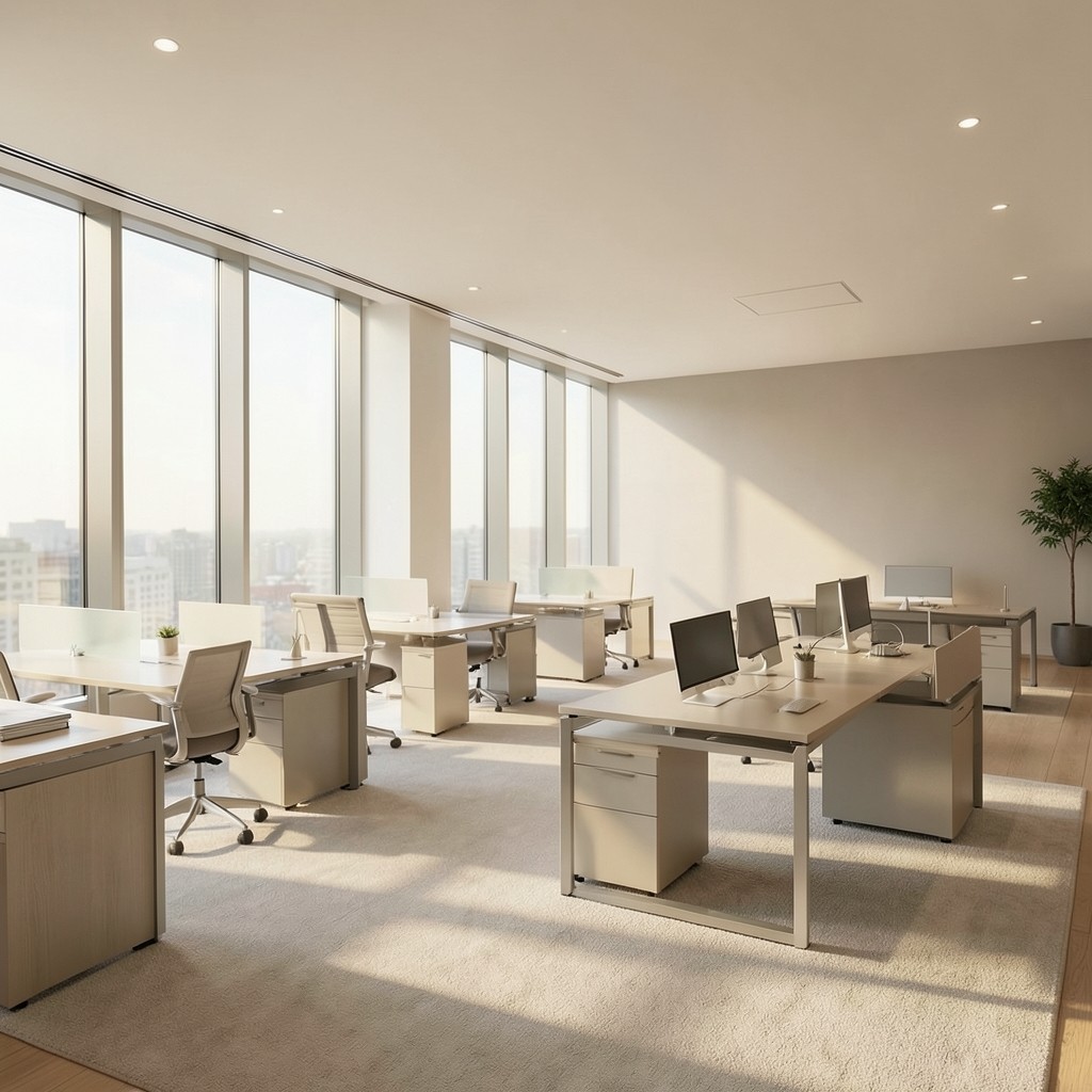 Open-plan office desks with soft daylight through large windows
