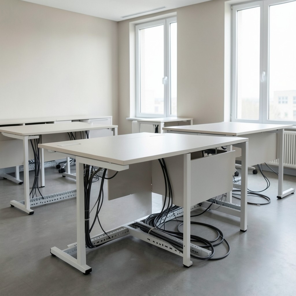 Recently rearranged office desks with cable trays and windows beyond