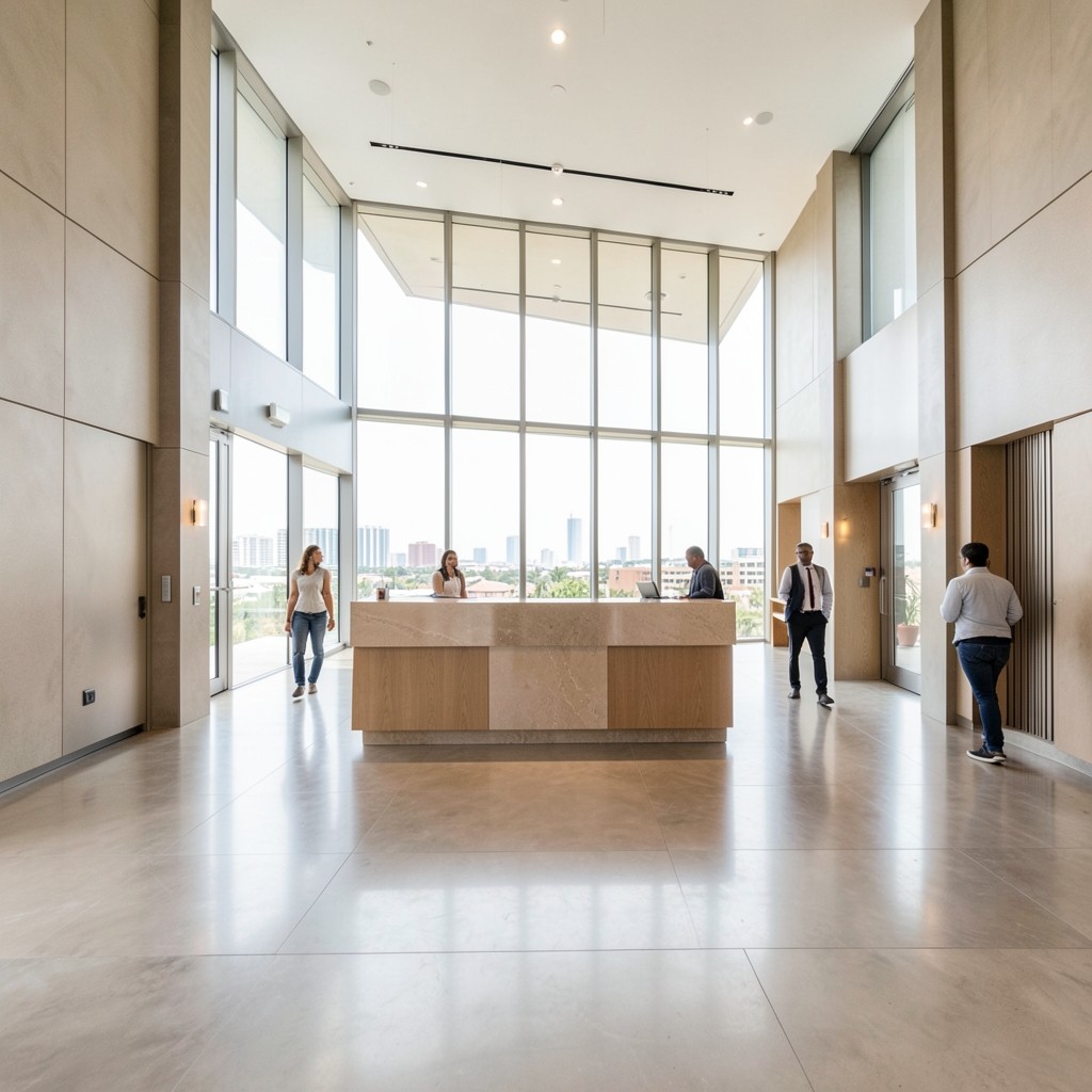 Office entrance lobby with natural light and a reception counter