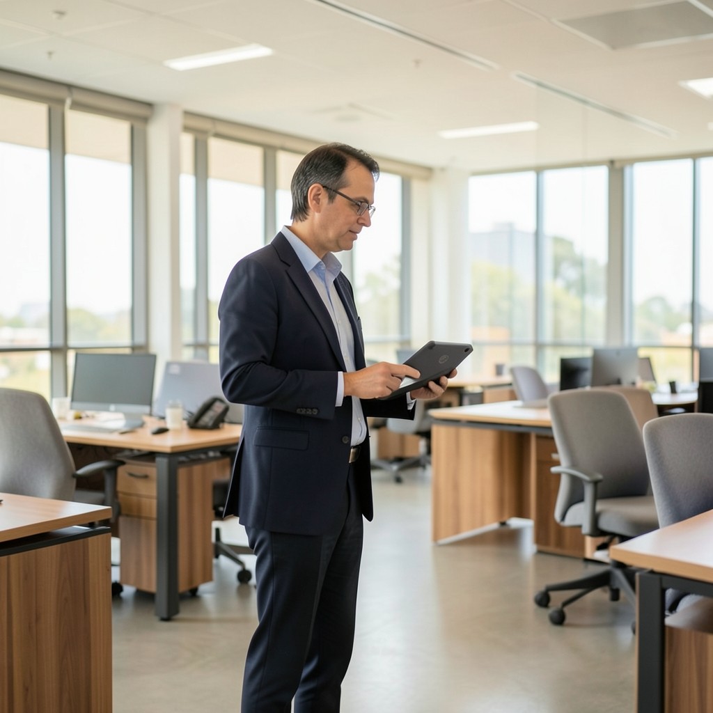 Assessor walking an open office floor during a wireless security visit