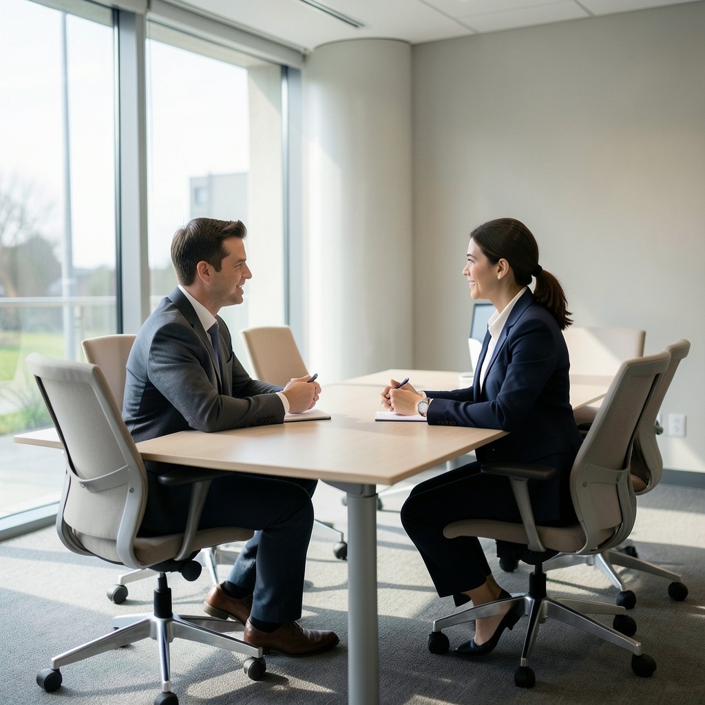 Assessor and office contact discussing wireless notes in a quiet meeting room