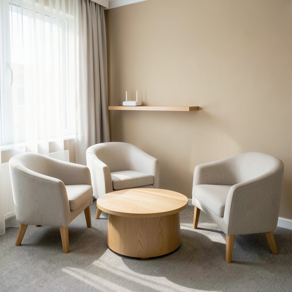 Reception desk with visitor seating and wireless router nearby