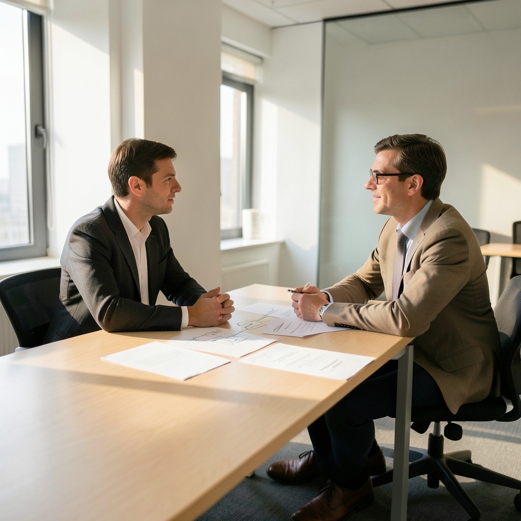 Two people reviewing printed network notes at an office table