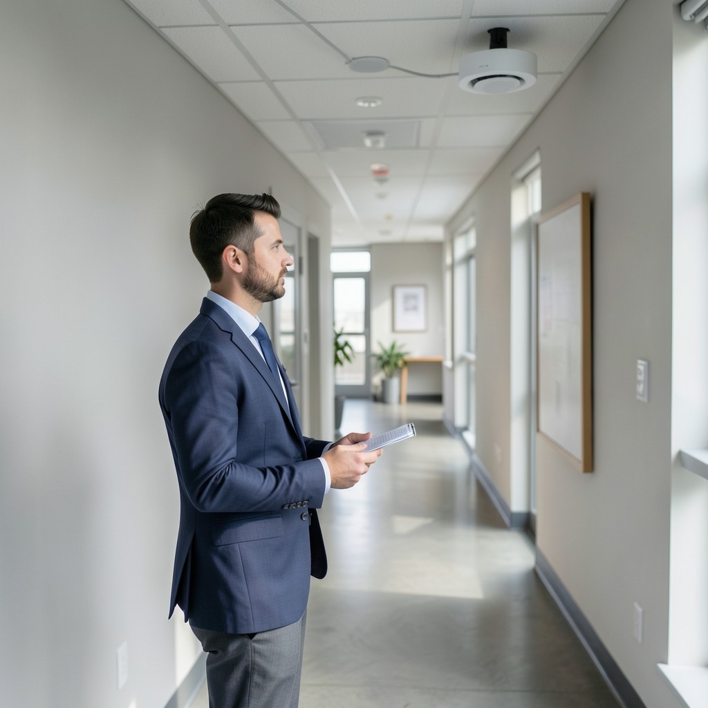 Assessor reviewing wireless access points in an open-plan office
